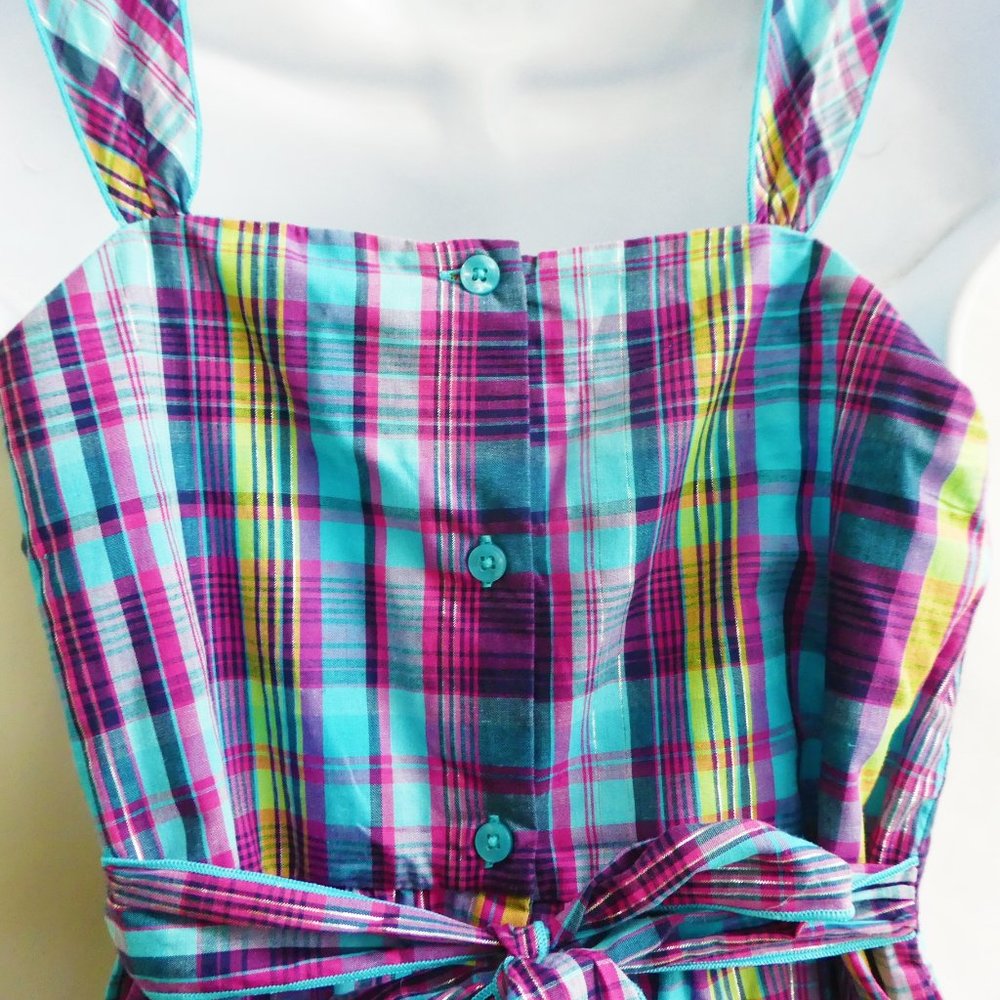 Vintage Girls Dress Plaid Ruffle Lurex Button Back Attached Tie Belt Fit Flare - Picture 7 of 10
